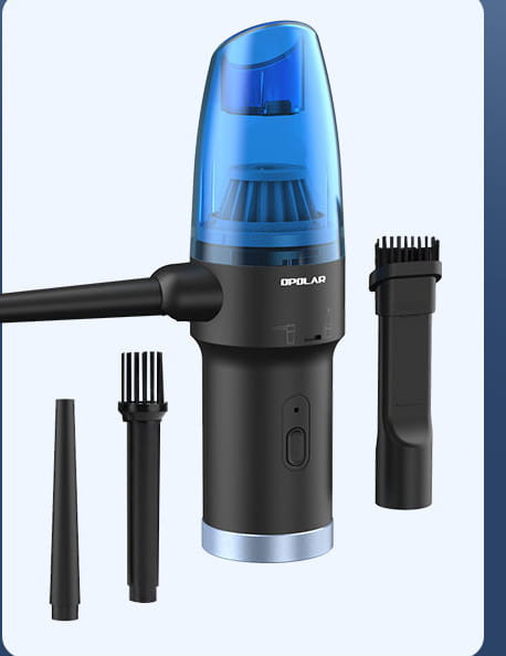 Blue and black household mini vacuum with interchangeable nozzles and attachments for versatile cleaning.