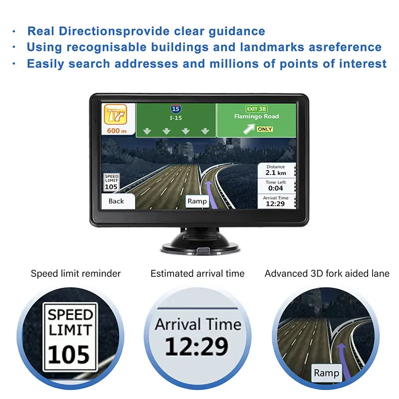 black-framed portable 7-inch on-board gps navigator for car wagon displaying a gps map with green and white interface elements on the screen
