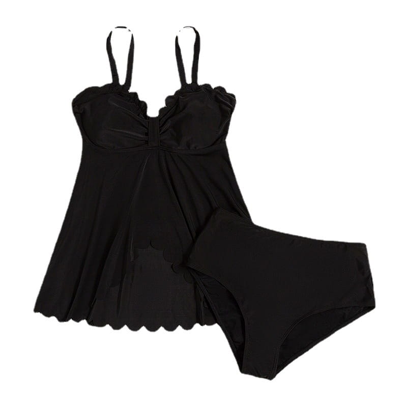 black one-piece swimsuit with scalloped hem and ruffled straps featured in the black scalloped plus size bottoms two piece set ideal for plus size bottoms two and bottoms two piece collections.