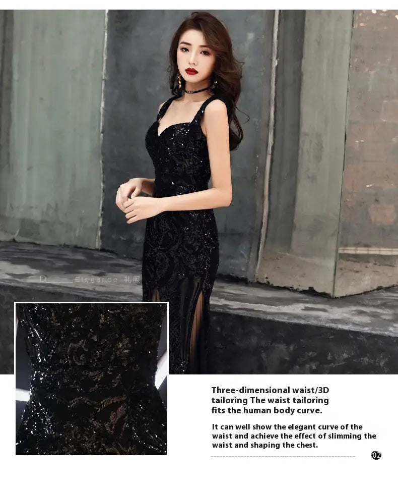 black fishtail long summer sequins sling evening dress featuring intricate lace detailing and a high slit made of black sequined fabric
