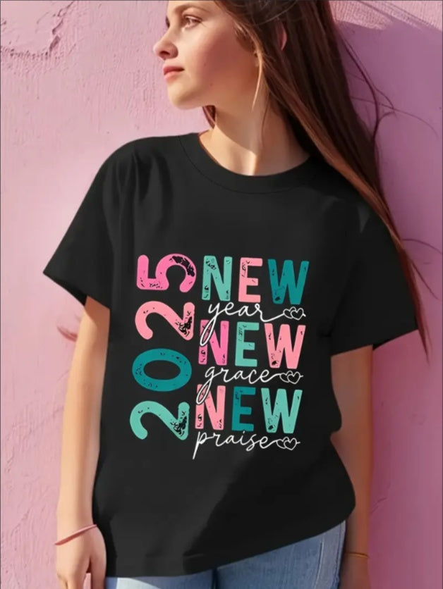 Girls' 2025 New Year Print Short Sleeve T-Shirt, Casual Crew Neck Knit Top  Cartoon Pattern, Fashion Summer Wear - Royalessencelux