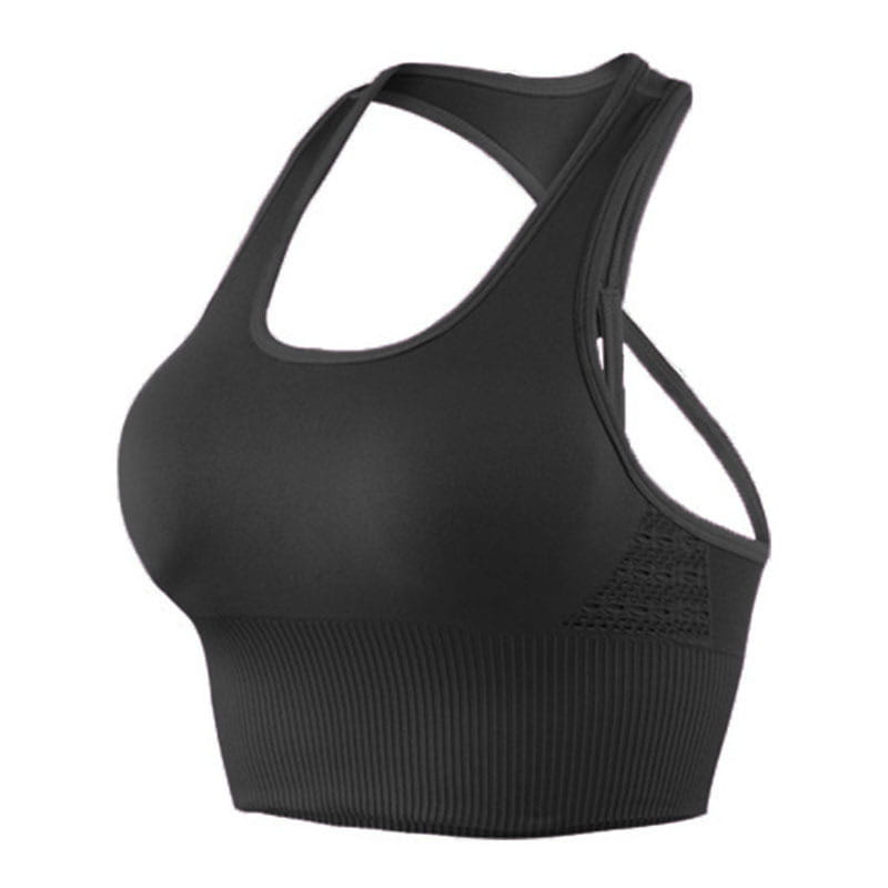 Black racerback shockproof sports bra with ribbed fabric and mesh detailing designed for fitness exercise seamless support.