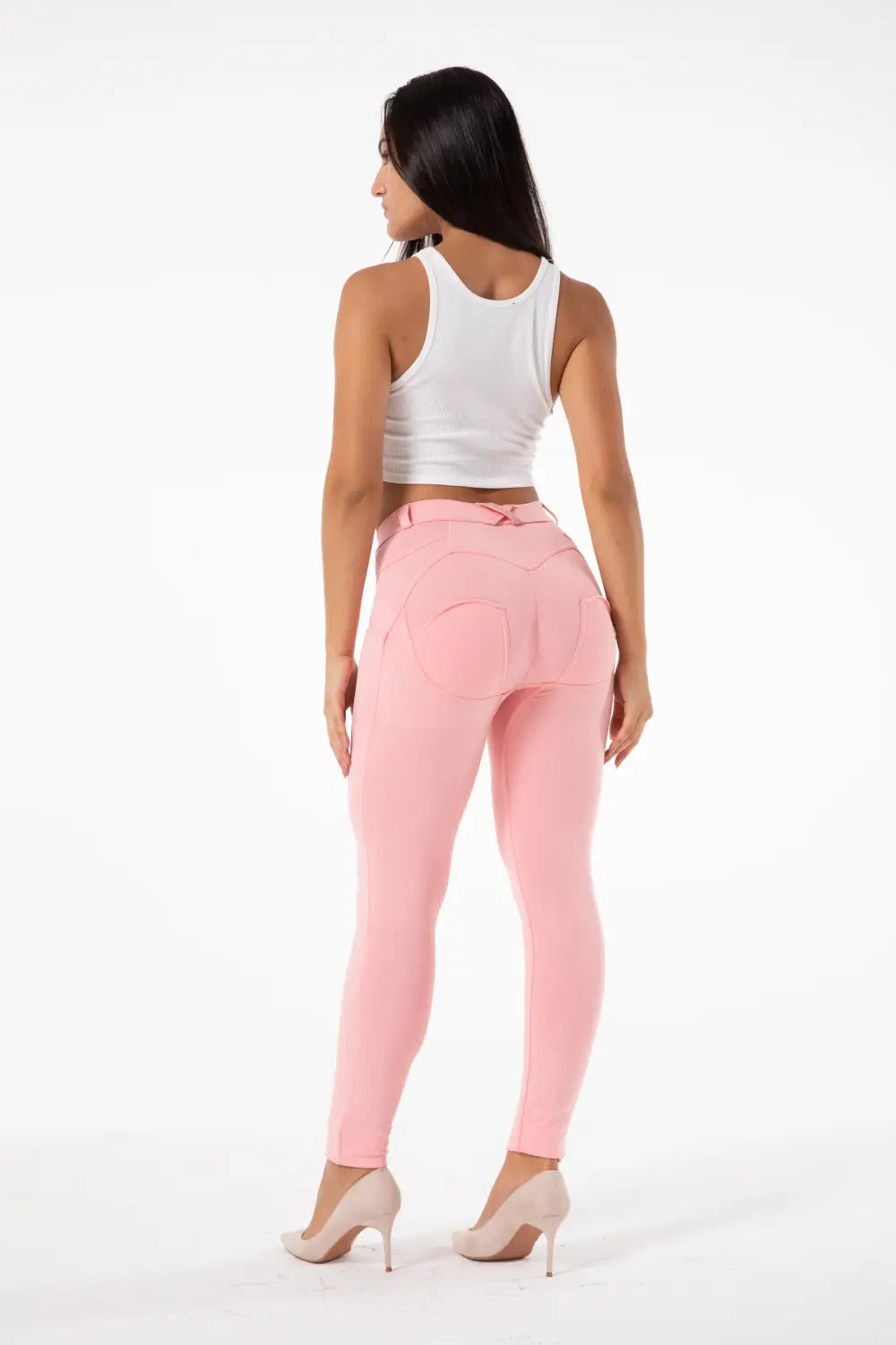 back side of blush pink melody hot shaping leggings featuring high-waisted design with back tie and subtle seam detailing in hot shaping leggings style