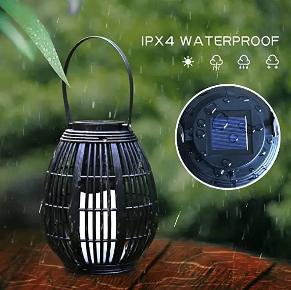 black woven bamboo solar lantern with a handle and ipx4 waterproof rating for solar retro patio use in a retro patio plastic style