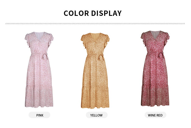 A flowing wrap-style midi dress with short flutter ruffle cap sleeves and a cinched waist featuring a delicate pastel floral print, perfect for summer dresses ruffle cap sleeve occasions.