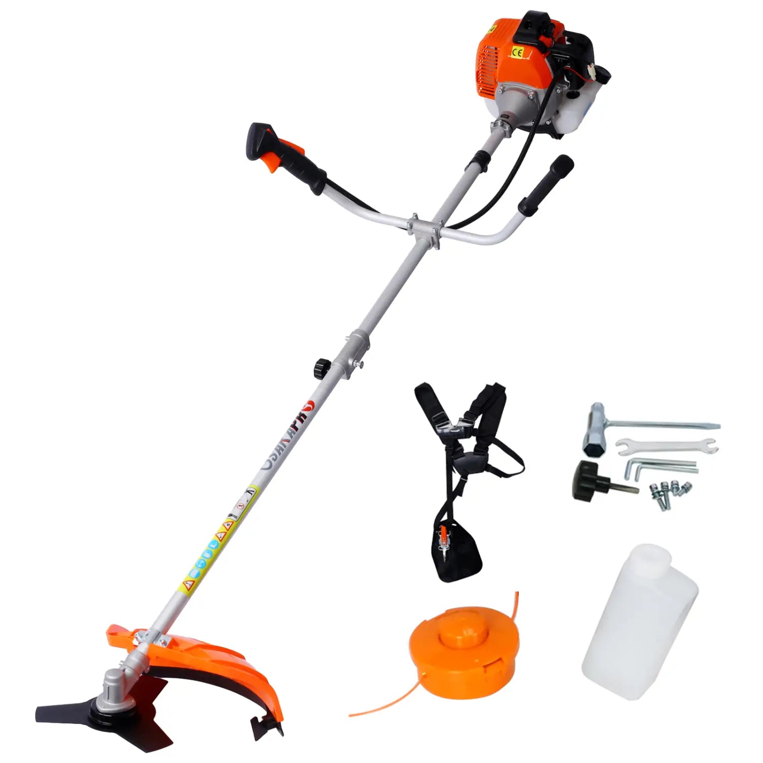 Orange and silver gas powered plastic pruning tools brush cutter with adjustable handle and black handle grips designed for efficient pruning tasks.
