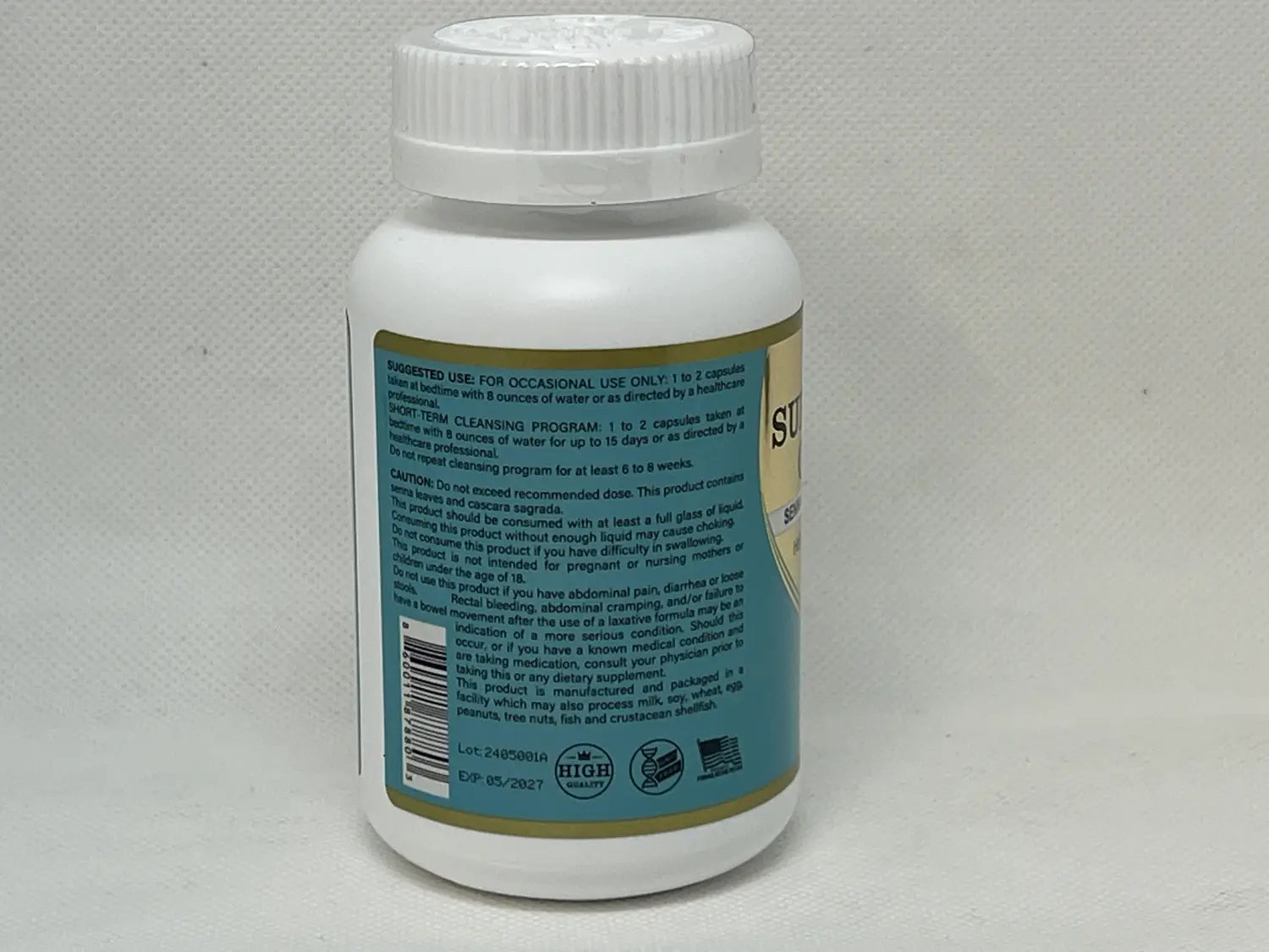 white plastic bottle with a white screw-top cap containing 30 count super colon cleanse capsules with a label in teal gold and green featuring text and logos, ideal for a cleanse capsule product.