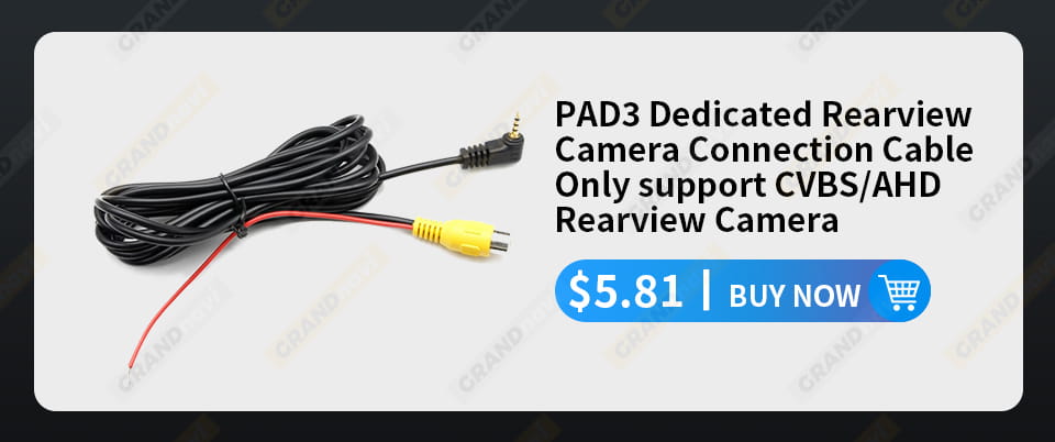 black coiled cable with a yellow rca connector and red black wires for rearview camera connection on the back side of a 7 inch wireless carplay display with cigarette lighter power source