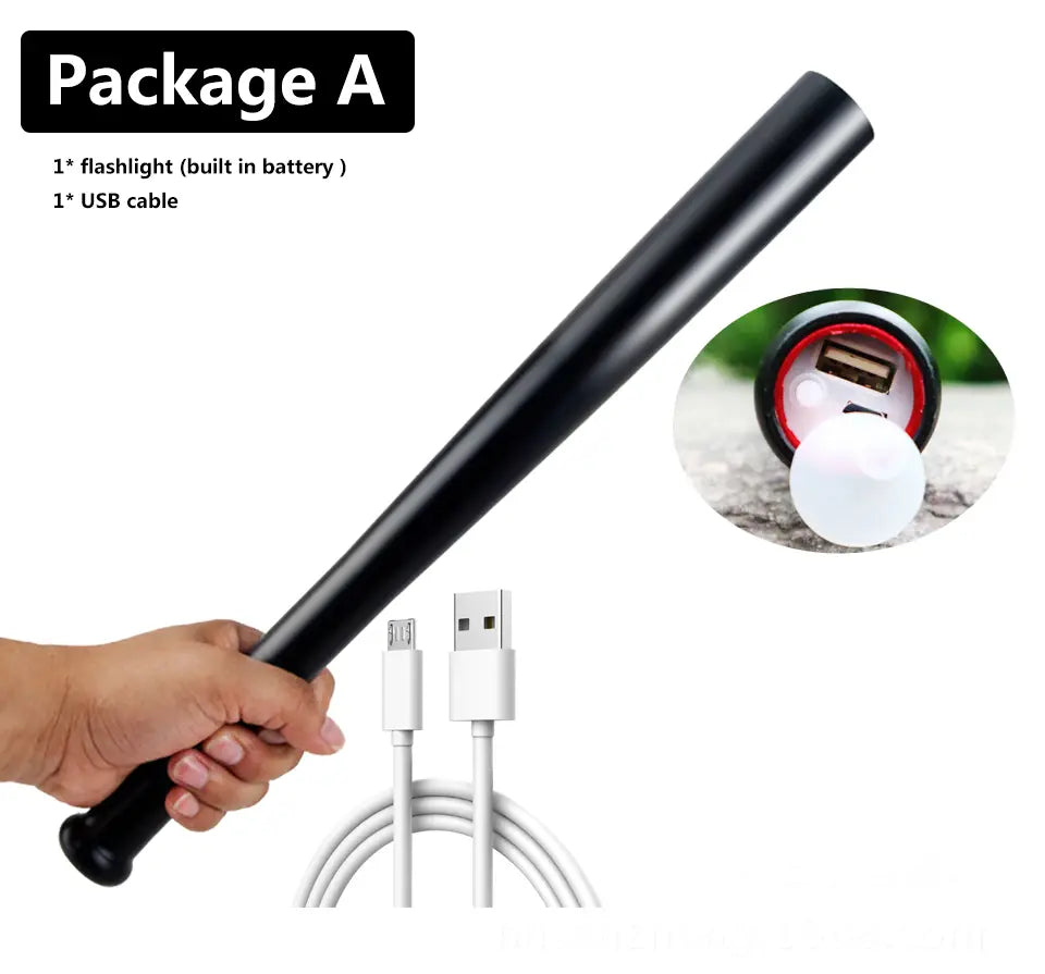 black baseball bat-shaped powerbank led bulbs flashlight torch with built-in battery and usb charging port for portable illumination and device charging