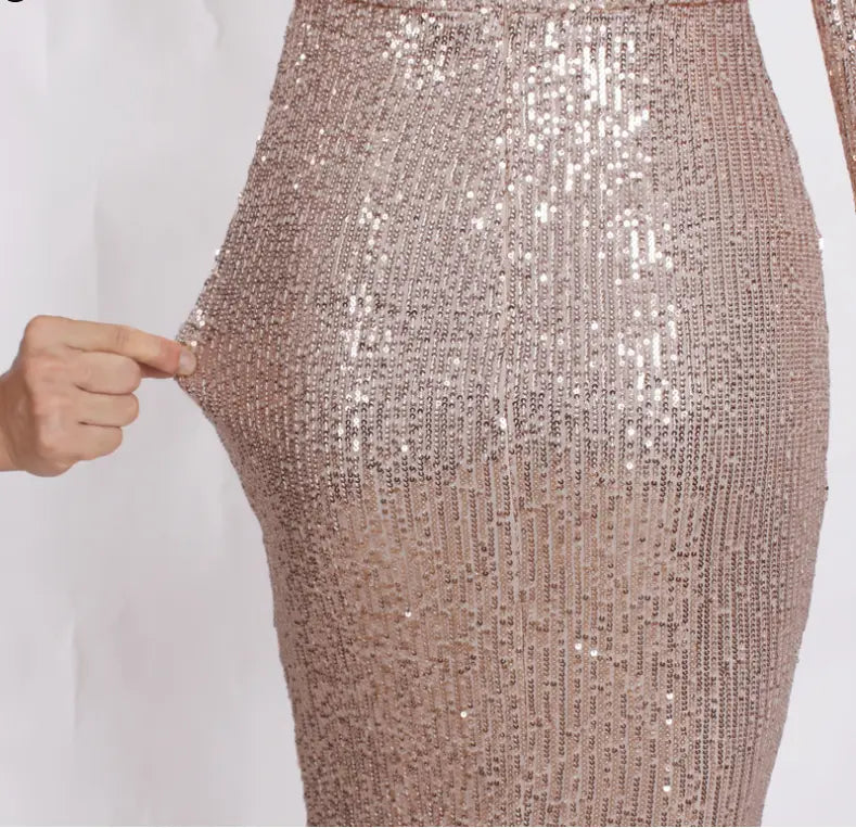 a shimmering rose gold sequined bodycon skirt with a tight form-fitting design for a fantasy celebrity sexy high slit evening dress