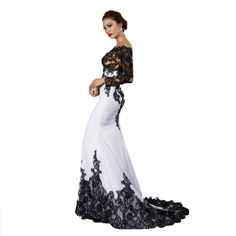 Elegant black and white embroidered lace maxi fishtail slim tail gown featuring intricate lace detailing along the bodice, sleeves, and hemline.