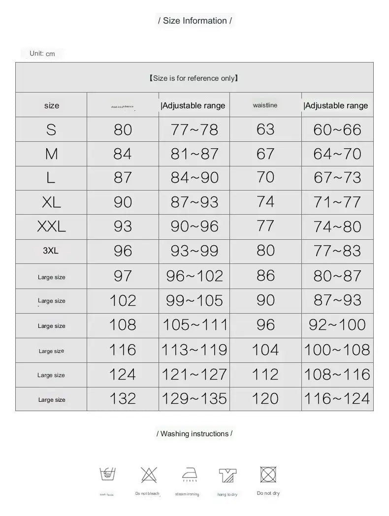 Size information table for a white lace floral wedding dress party ladies small sleeves showing adjustable ranges and waistline measurements for sizes from small to large size 3XL.