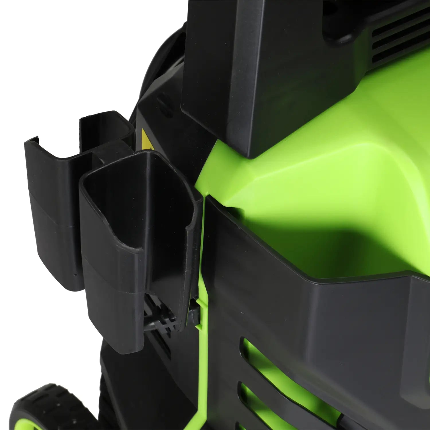 black plastic side-mounted cup holder with neon green accents on the high pressure cleaner with coiled hose for convenient access during cleaning tasks