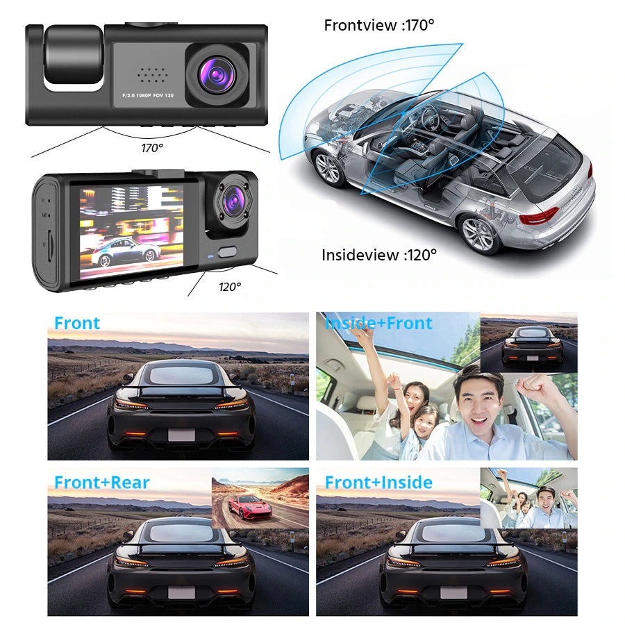 3-Channel HD 1080P Car Dash Cam, Front, Rear and Cabin Recording with G-Sensor