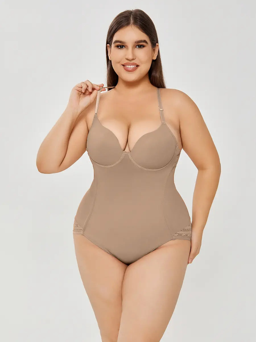 beige plus size ultra firm control body shaper swimsuit with delicate lace trim at the sides designed for firm control body shaping.