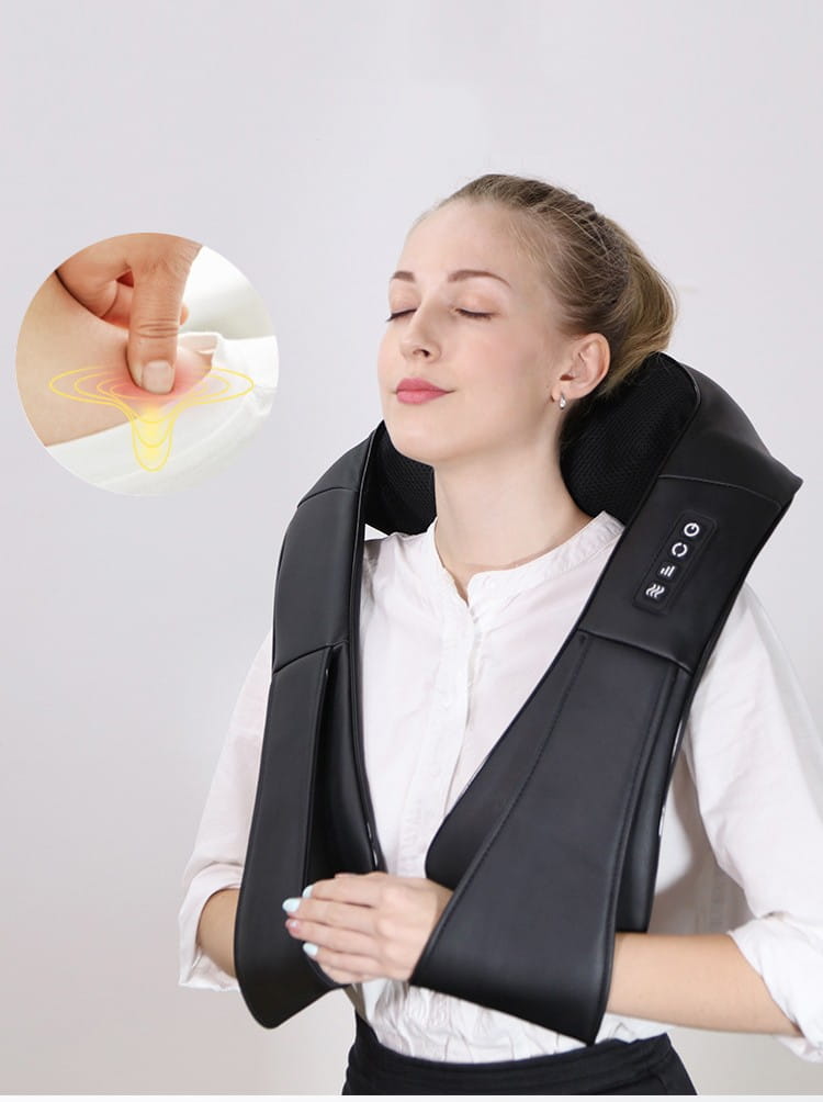 black fabric multifunctional household shoulder electric neck massager with control buttons on the side
