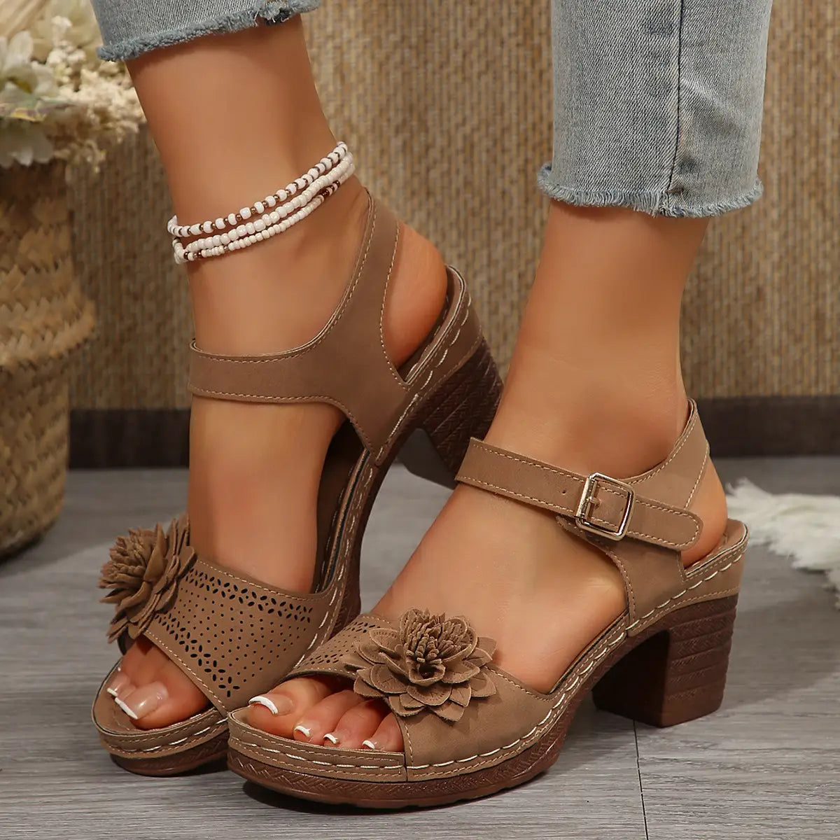 Beige floral flowers chunky heel sandals in tan leather with floral embellishment and perforated detailing ideal for heel sandals summer.