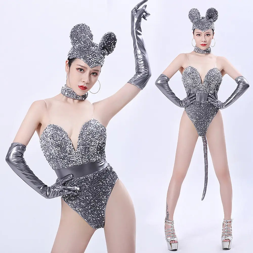 silver sequined mouse bar costumes set featuring a shiny silver sequined mouse-themed outfit with matching headpiece gloves and tail for bar costumes sequined use