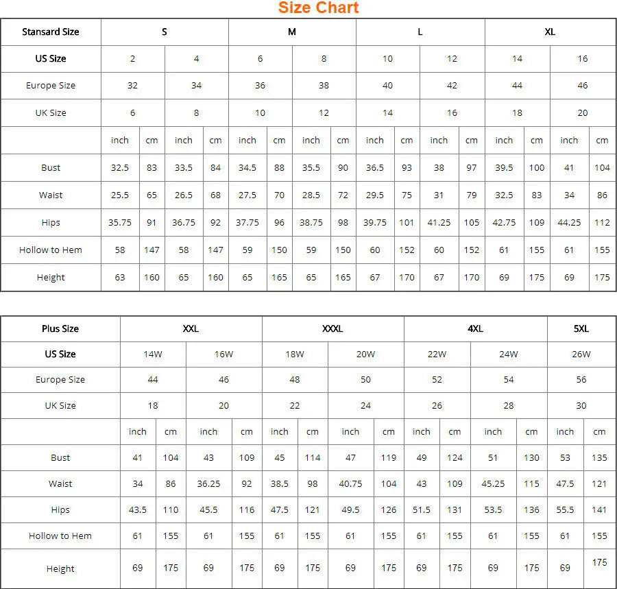Size chart displaying measurements for standard and plus sizes in us europe and uk sizing systems for a navy beaded sling evening long dress.