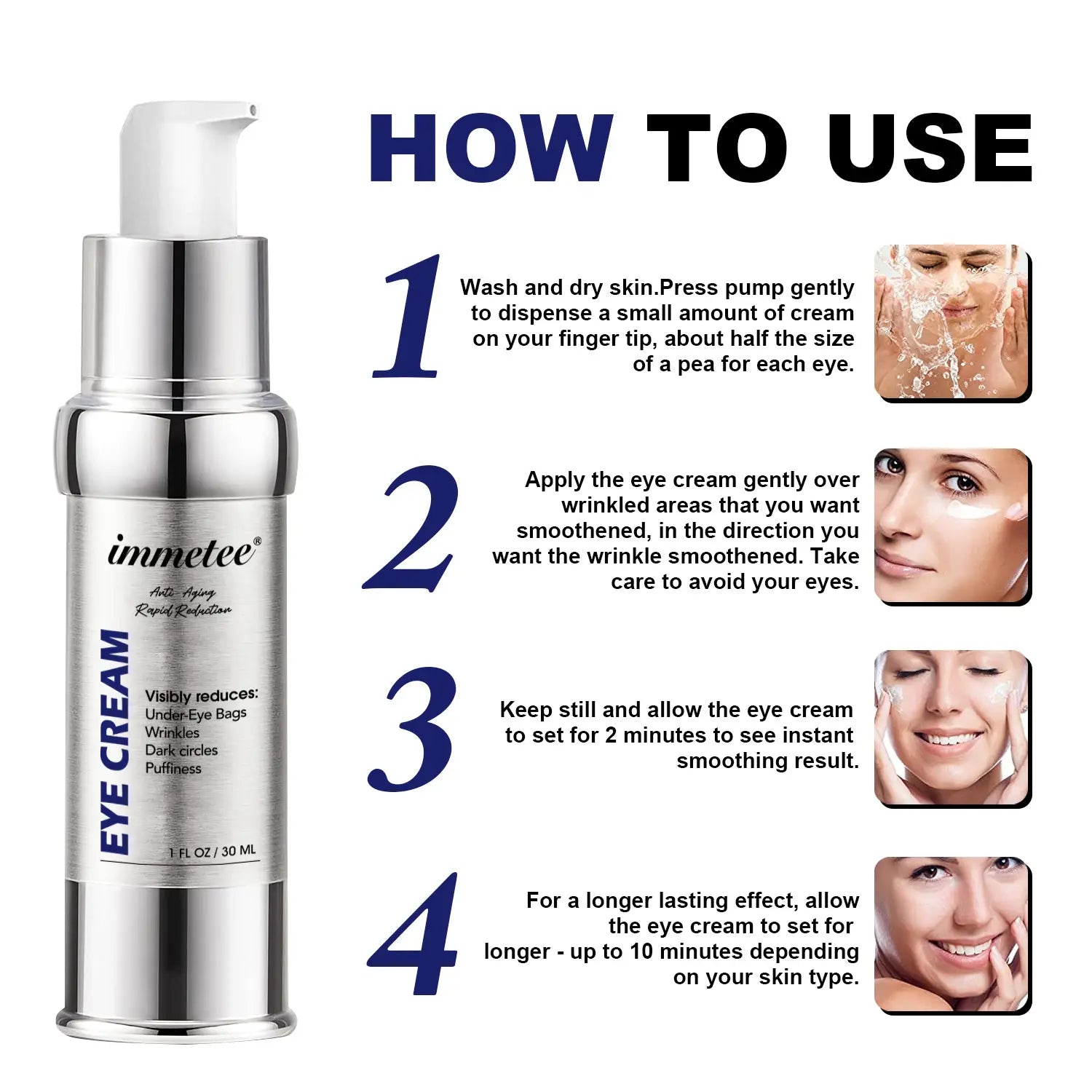 Silver pump bottle of immetee anti-aging eye cream designed to lighten eye bags and reduce signs of aging around the eyes