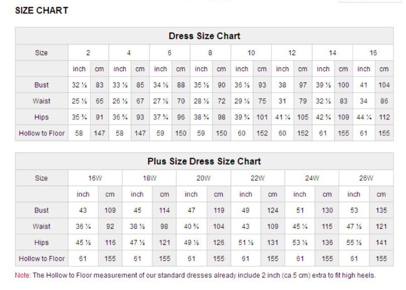 The dress size chart for the princess bride mermaid lace wedding dress displays detailed measurements in inches and centimeters for standard sizes 2 to 16 and plus sizes 16w to 28w highlighting the main fabric dimensions.