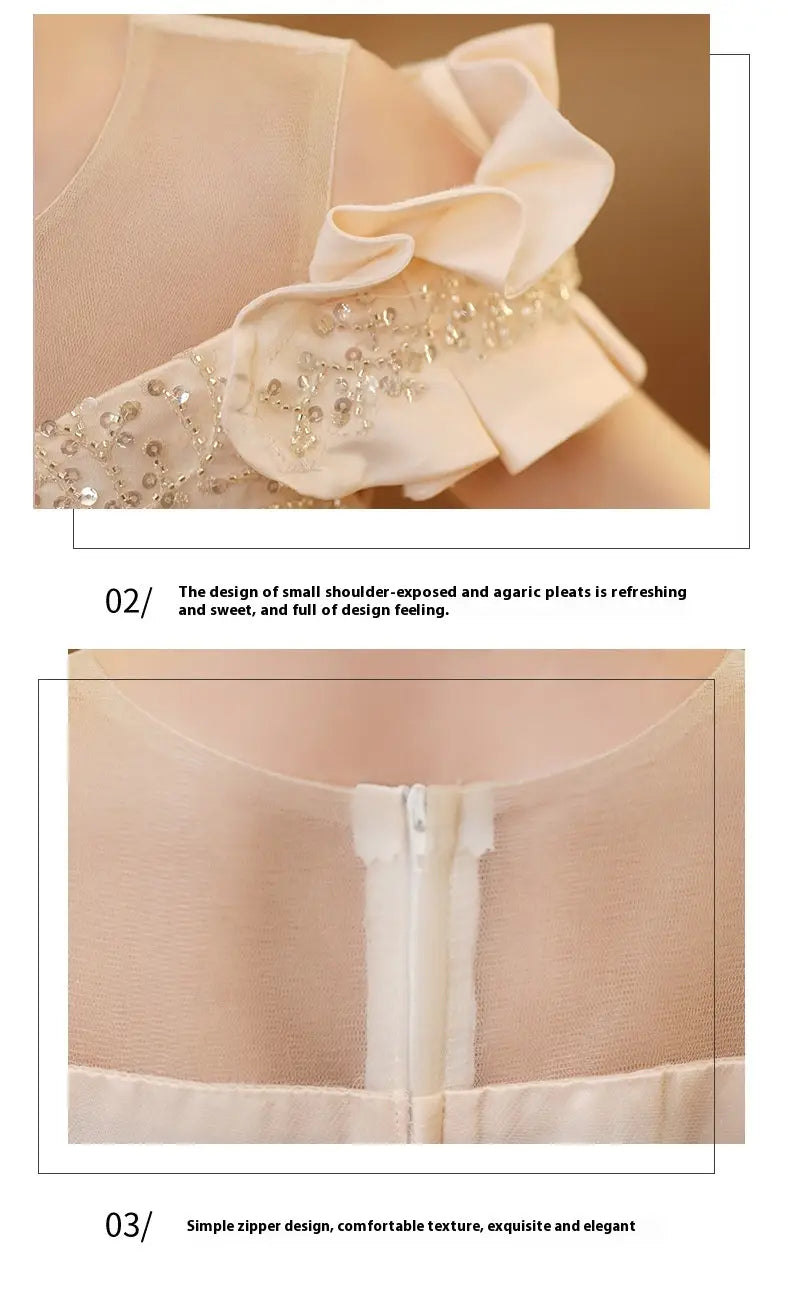 A delicate off-white spandex princess dress featuring a sheer fabric with a ruffled neckline adorned with sparkling sequins and subtle pleats, designed as a girls tulle tutu.