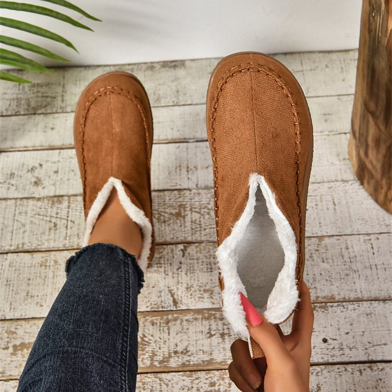 Women's V-Cut Plush Lined Suede Ankle Snow Boots, Warm Flat Winter Boots