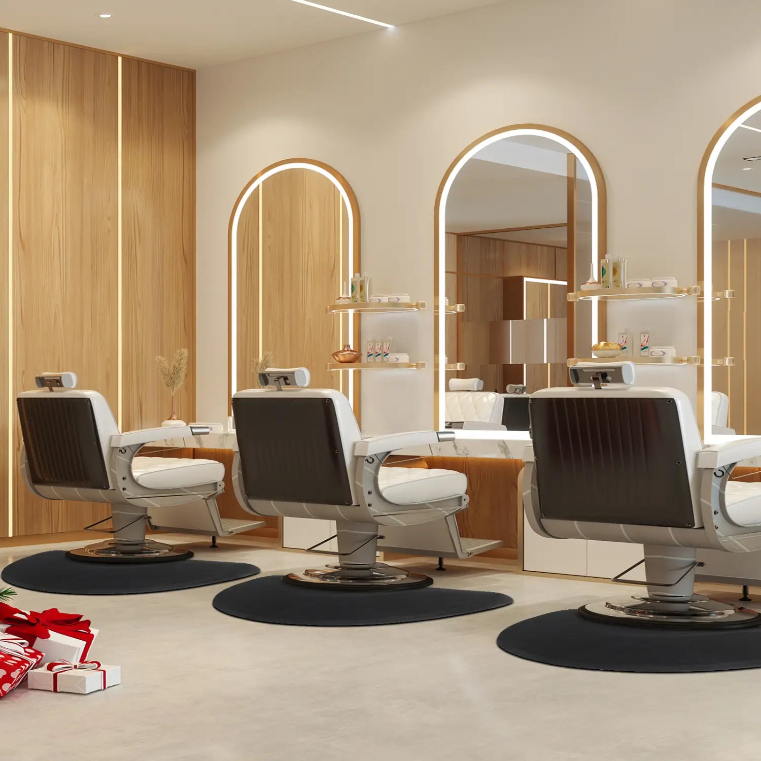 modern salon chairs with white upholstery and dark brown leather backs standing on an outer circle black salon mat with sleek chrome bases