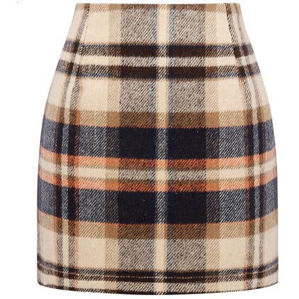Women's High Waist Plaid Tight Pencil Wool Mini Skirt - Royalessencelux