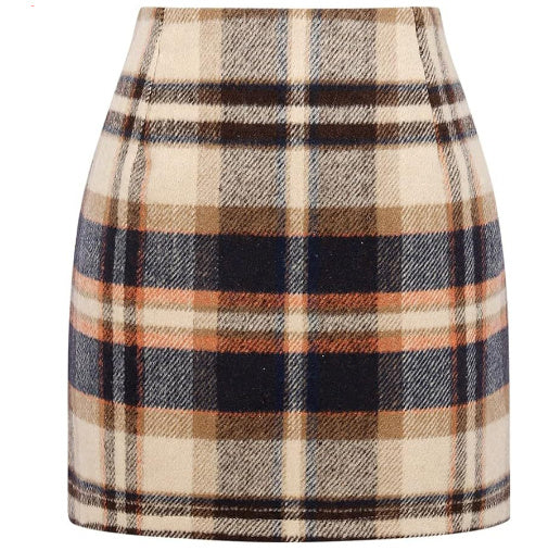 Women's High Waist Plaid Tight Pencil Wool Mini Skirt - Royalessencelux