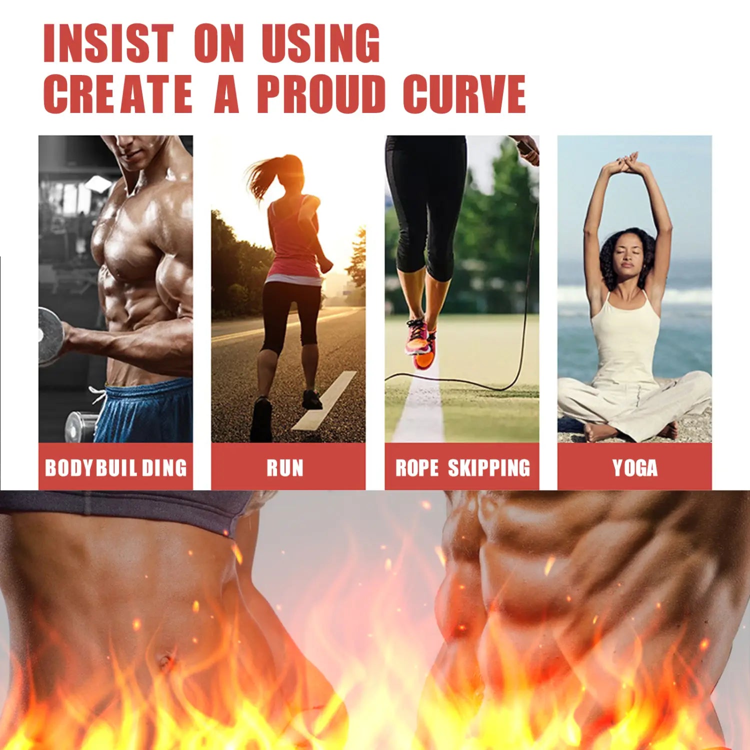 The image shows a muscular torso with defined abs and fiery orange and yellow flames at the bottom, representing exercise strengthening muscle sweat for a muscle sweat massage cream.