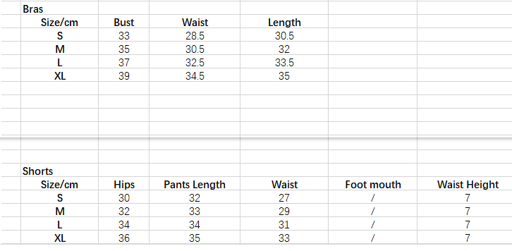 the image displays a size chart table in centimeters for bras and shorts of the women’s seamless yoga hip lifting workout set designed for comfort and performance.