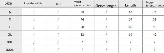 the table displays size measurements including shoulder width bust waist sleeve length and total length for the large polka dot round slim fit a-line skirt across sizes s to xxxl.