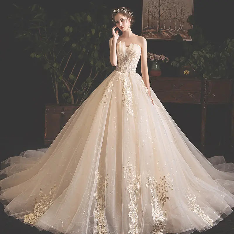 A strapless ivory champagne lace wedding gown for pregnant woman featuring intricate gold lace appliqués and a voluminous tulle skirt made from polyester fiber as the main fabric.
