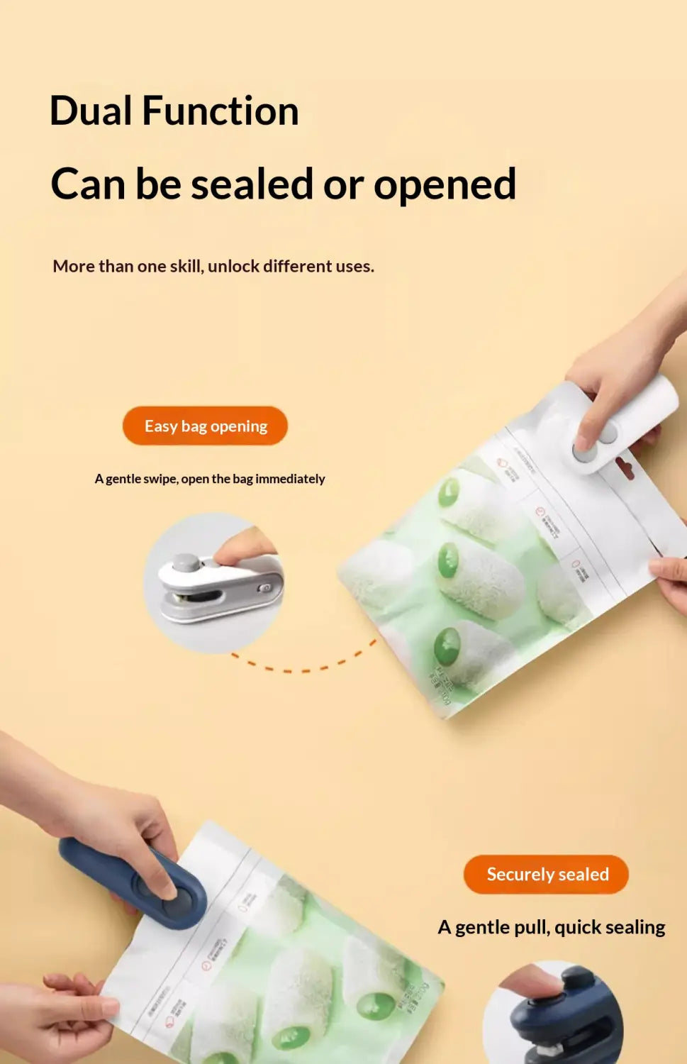 White and blue portable usb heat sealer and vacuum sealer with dual-function design featuring ergonomic construction for easy bag opening or secure sealing and magnetic storage clip.