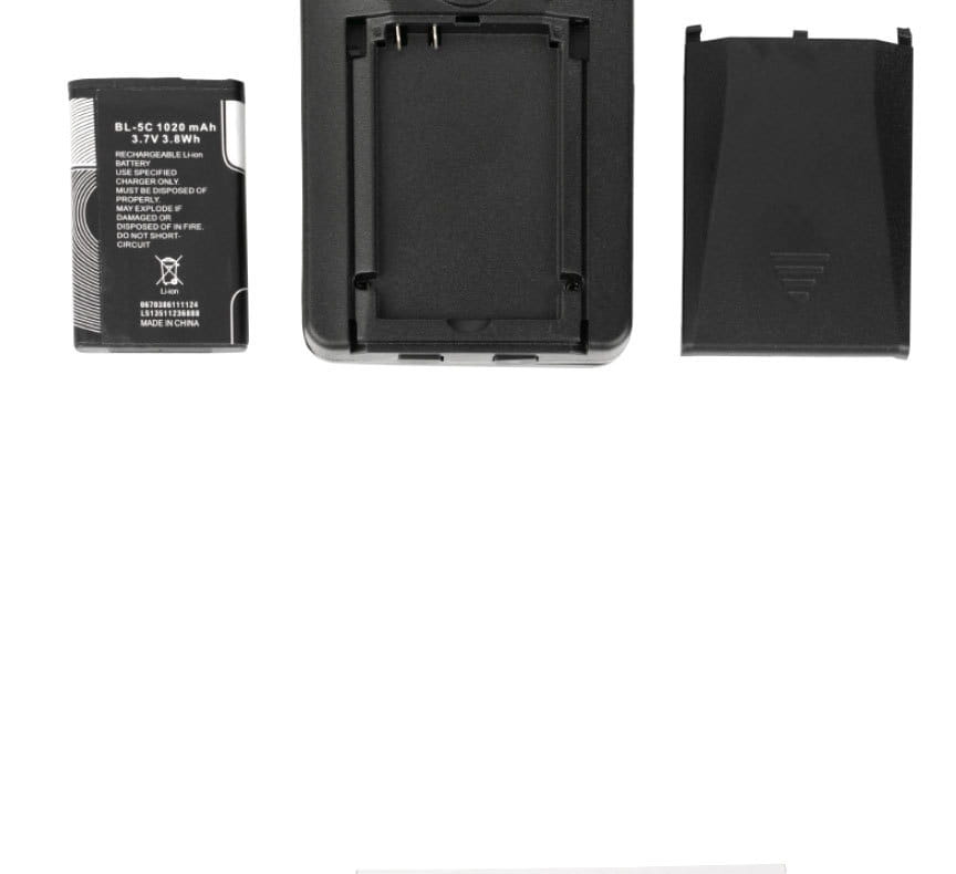 black rectangular bl-5c 1028 mah rechargeable li-ion battery for digital cameras shown with its charging dock and cover designed for use with hd driving recorder with suction cup mount
