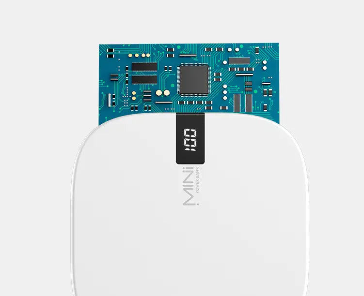 white mini power bank with a slim design showing a blue circuit board at the top and a digital display indicating 100 percent charge for efficient portable power.