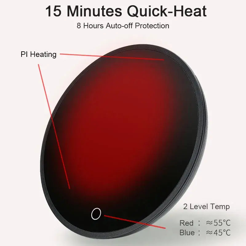 Black circular electric mug cup warmer with red glowing pi heating technology surface and dual temperature level indicators for tea and coffee use.