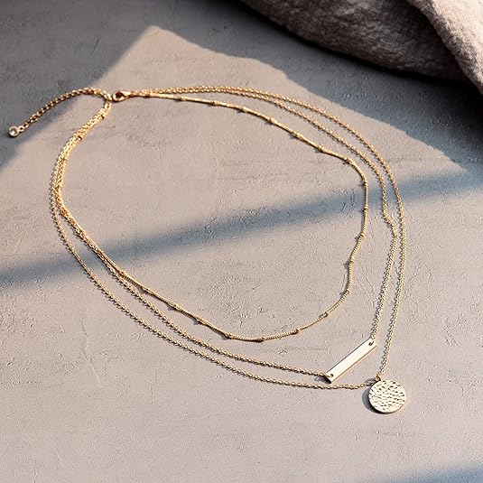 14K Gold Plated Layered Choker Necklace Bar Coin Charm Multilayer Necklace for Women