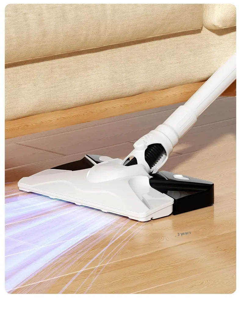 White and black vacuum cleaner head with a sleek modern design for a white wireless rechargeable vacuum cleaner.