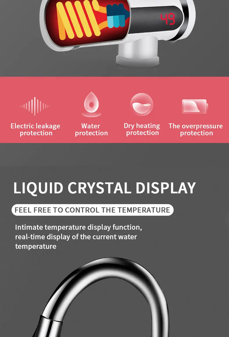 White and black kitchen electric water heater with digital display showing temperature for precise electric water heating.