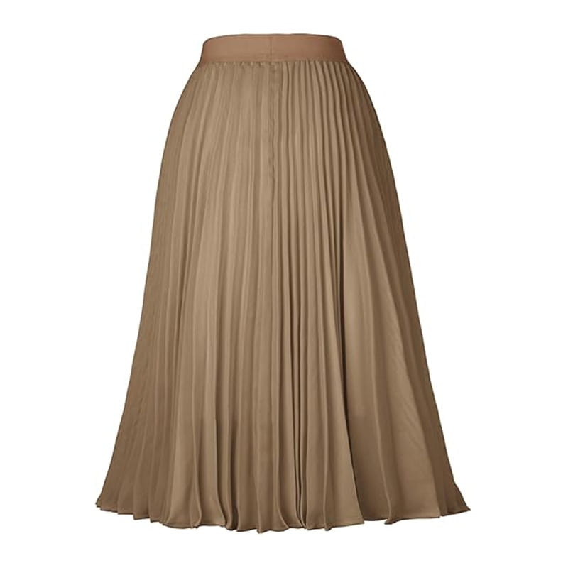 a flowing beige pleated midi skirt with smooth lightweight fabric and an elastic waistband designed as a large swing casual skirt
