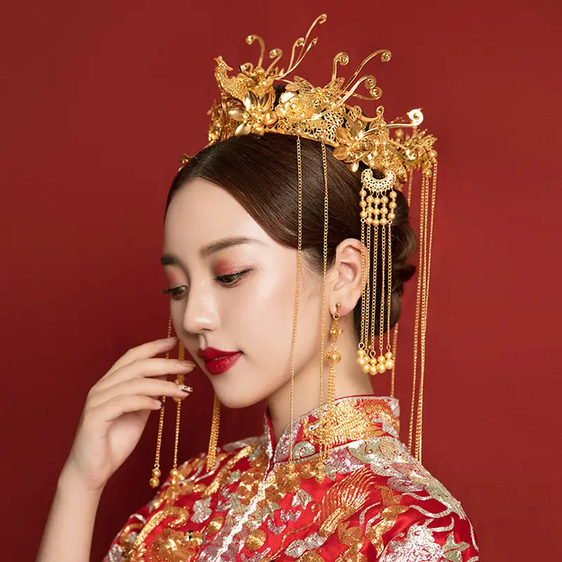 antique gold filigree bridal hair crown featuring intricate filigree design with dangling pearl chains as elegant clothing hair accessories and hair accessories antique