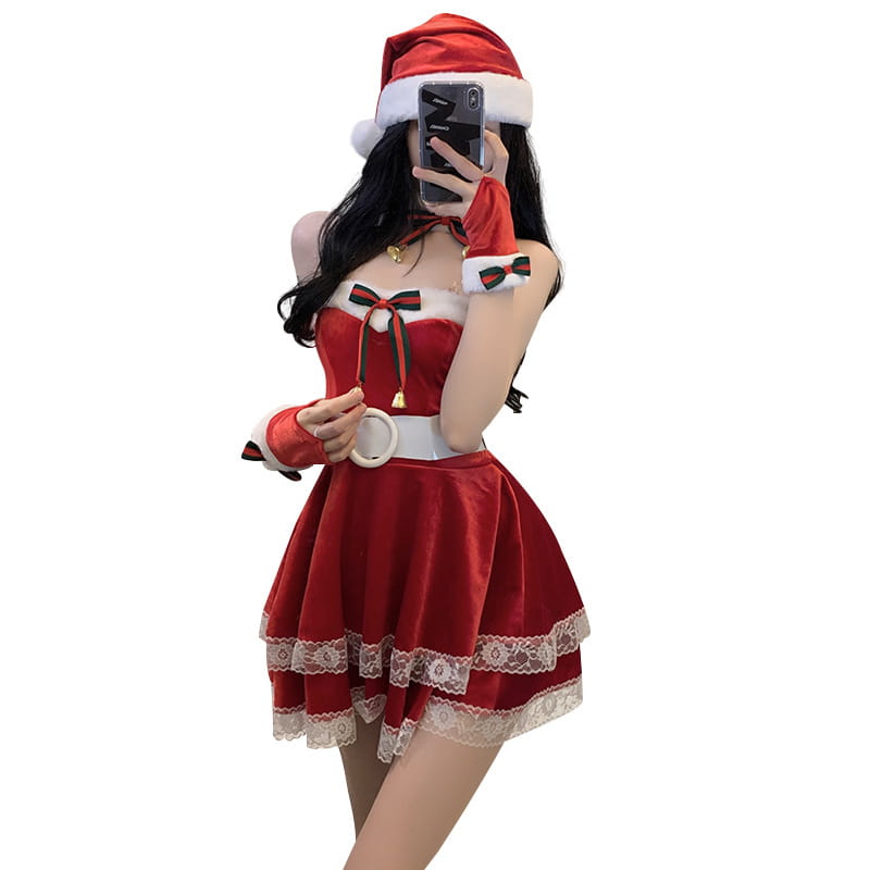 Red velvet Christmas dress stage anchor costume with white lace trim and a matching hat designed for festive performances.