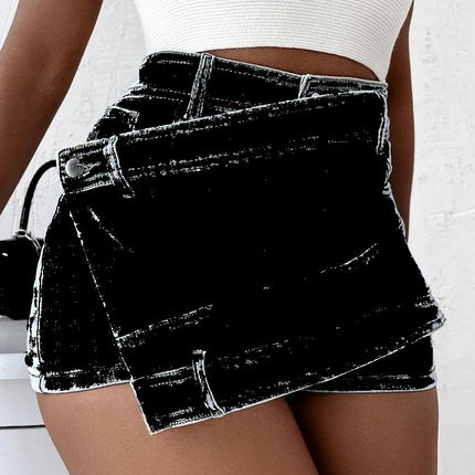 Y2K Street Vintage Denim Shorts Stretch Overlap Waist Wrap Solid Asymmetrical Hem A-Line Skinny Mini Skorts Skirt - Royalessencelux