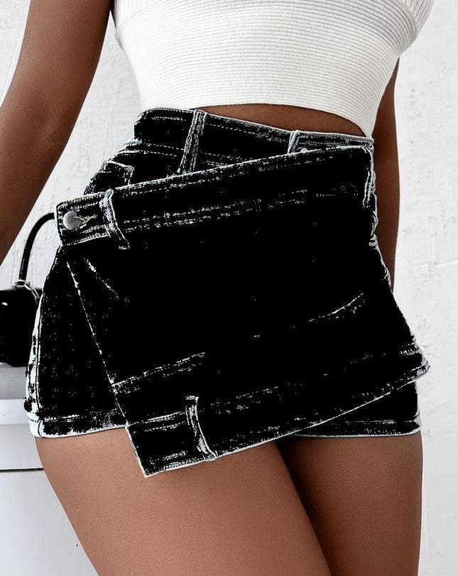 Y2K Street Vintage Denim Shorts Stretch Overlap Waist Wrap Solid Asymmetrical Hem A-Line Skinny Mini Skorts Skirt - Royalessencelux