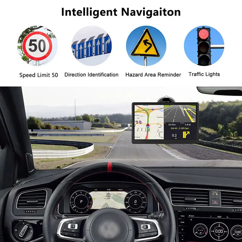 black rectangular portable 7-inch on-board gps navigator mounted on the windshield of a car wagon displaying a map with route guidance and real-time traffic information.