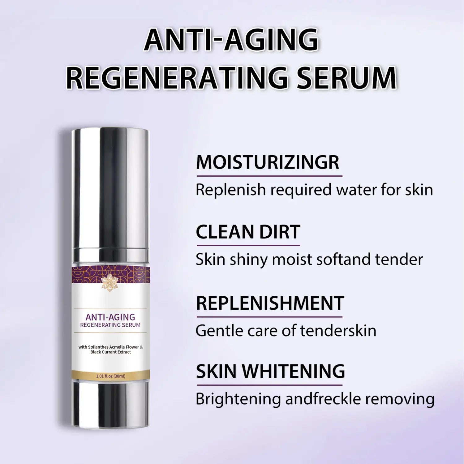 silver-toned anti-aging wrinkle hydrating care solution serum in a sleek cylindrical glass bottle with a purple and gold decorative band.