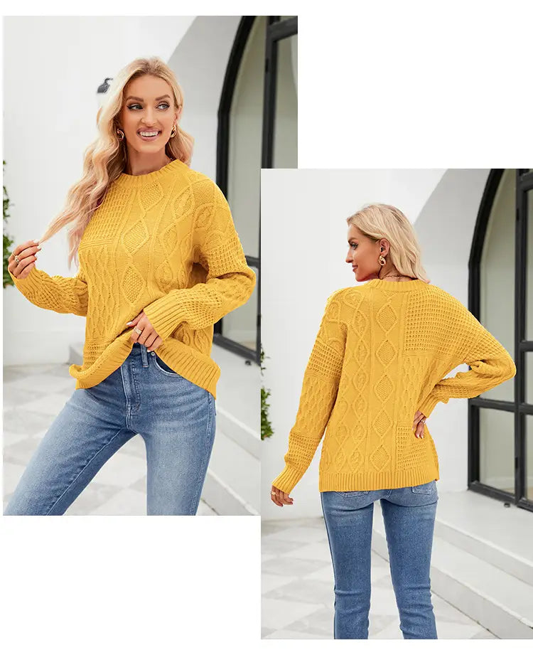 A cozy solid color mustard-yellow cable knit pullover sweater fall with a round neckline and long sleeves for sweater fall winter.