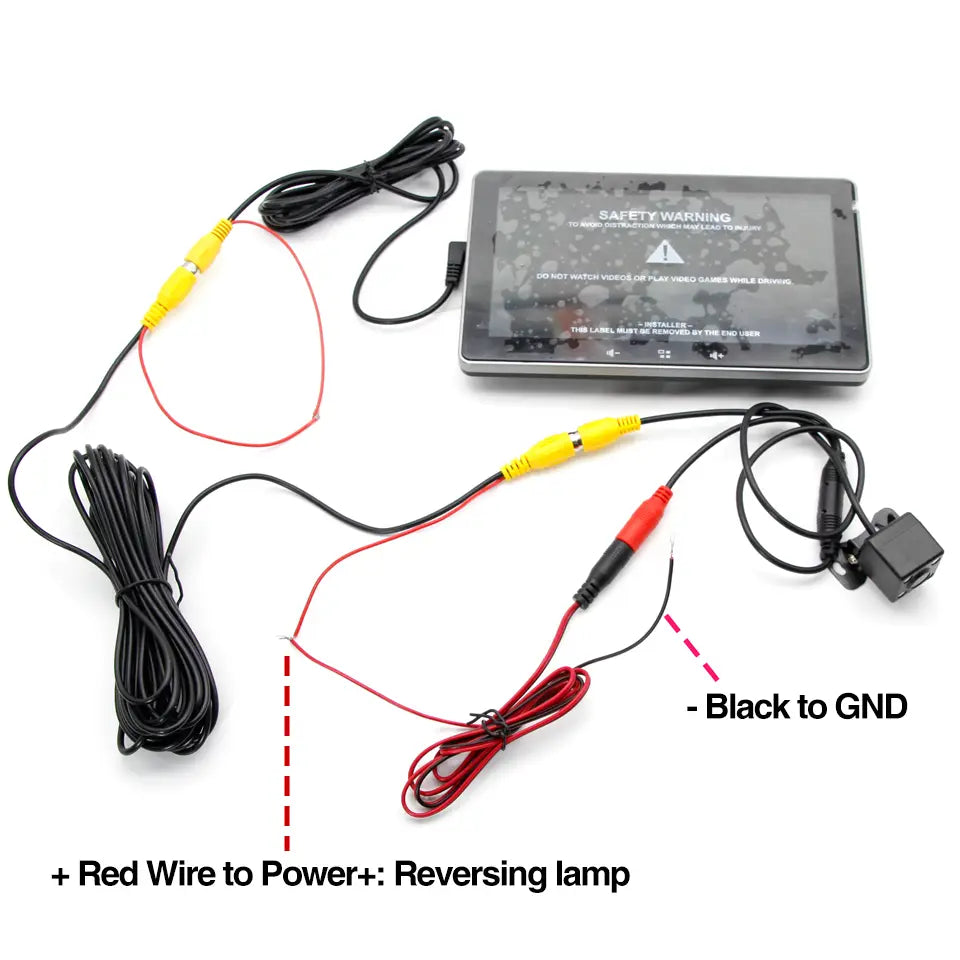 black rectangular rearview camera monitor backside of 7 inch wireless CarPlay display with cigarette lighter featuring yellow and red wiring connectors for car wireless CarPlay installation.